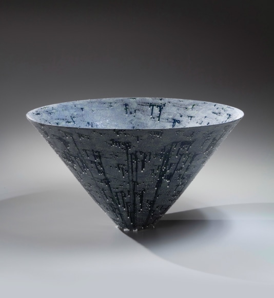 Coblat-glazed large conical bowl with small flat base and &quot;silver mist&quot; overglaze, 2019