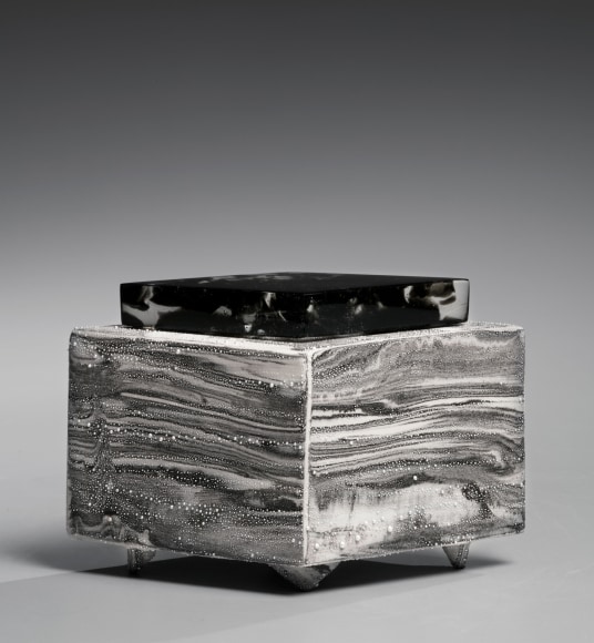 Nami Shizuku; &ldquo;Wave Droplet&rdquo;, Standing diamond shaped black and white marbleized form with &lsquo;silver mist&rsquo; beaded&nbsp;glazing&nbsp;