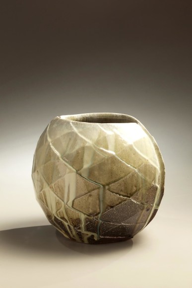 Wide mouthed spherical Tanba vessel with diamond-shaped carved surface patterning and ladle-poured ash glaze, 2010
