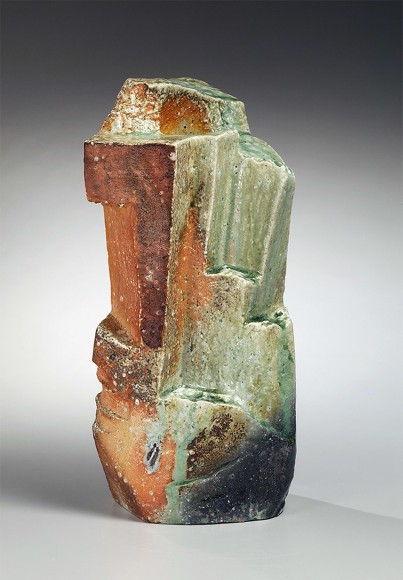 Large natural green ash-glazed Iga slapped vessel