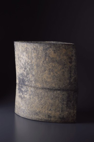 Multi-ﬁred square vessel with scored fold in center, surface colorations in peach and grayish blue tones (#9) 