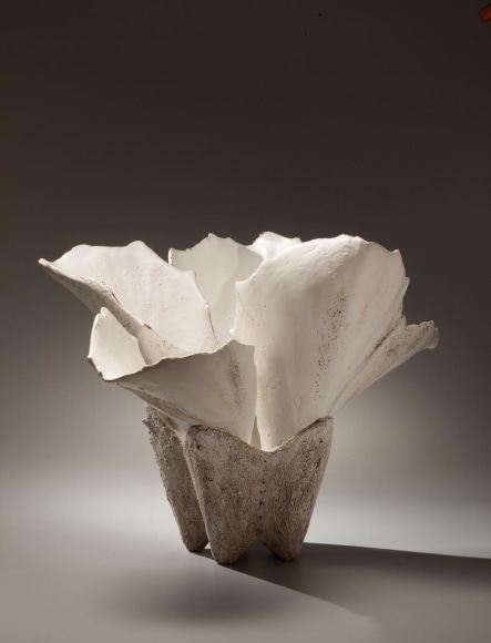 Large flower shaped vessel with pointy leaves and dark textured base,2008