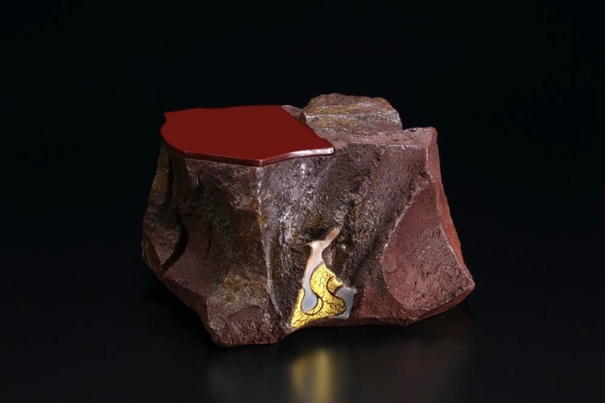 Mizusashi with brown lacquered wood lid, red clay, decorated with a rimpa-style wave design, 2011