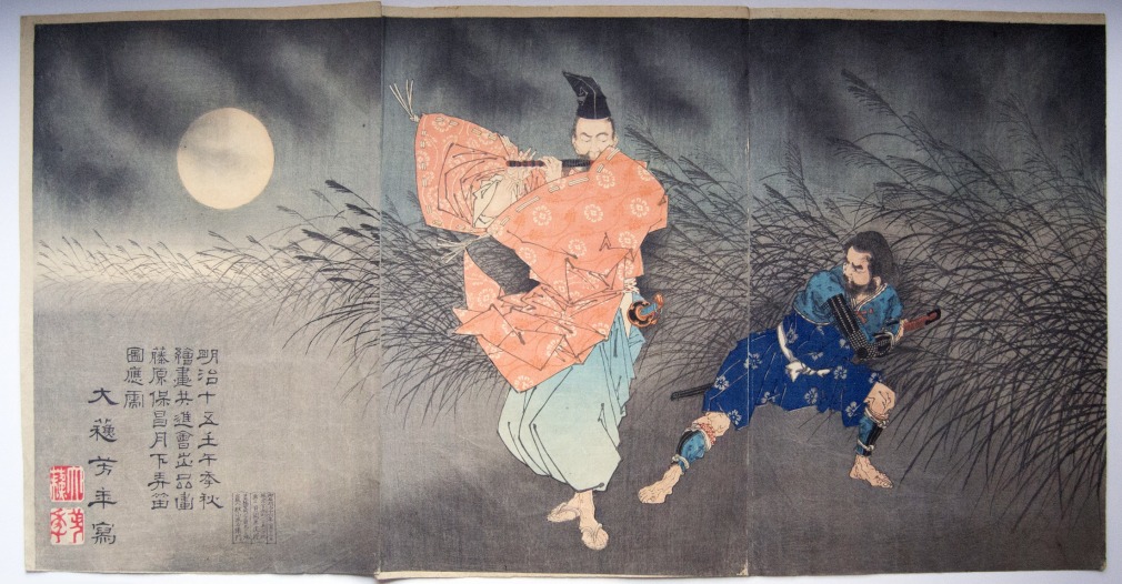 Tsukioka Yoshitoshi (1839-92), Painting of Fujiwara no Yasumasa playing the flute by moonlight