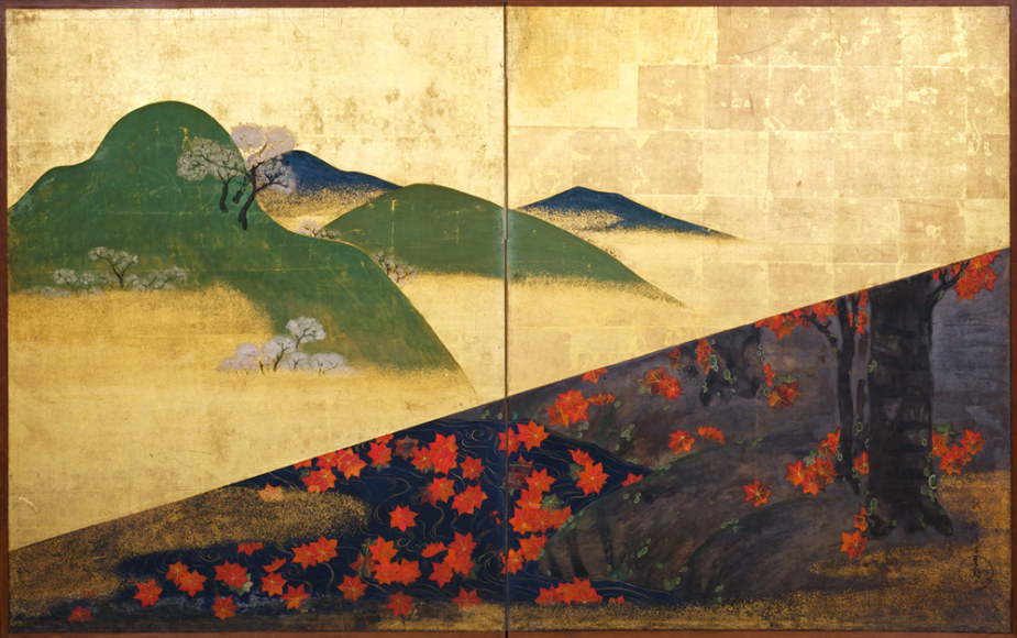 From Joan B Mirviss LTD, NAKANO KIMEI (1834-92) Hillside with blossoming plum trees and red maple tree by a stream, ca. 1870-80. Two-fold screen; Ink, color, gold leaf on paper.