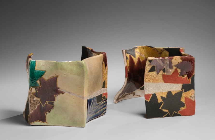 Two-part pleated sculpture iwith rinpa-inspired maple leaf pattern, titled Vessel that is not a Vessel, 2019