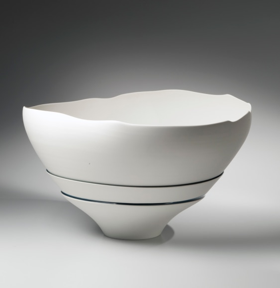Unglazed narrow-footed bowl cut in three sections and joined together by bands of blue glaze, 2014