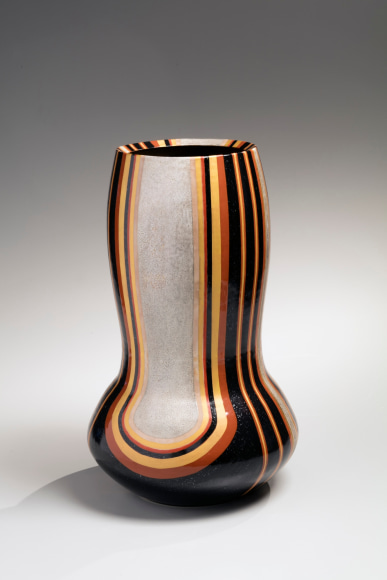 &ldquo;Moon on Cool Night&quot; columnar vase with bulbous base and round mouth&nbsp;with striped patterning and gold and platinum glazes