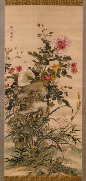 Early summer flowers: peonies, day lilies, pinks, roses, dandelions and bamboo with insects