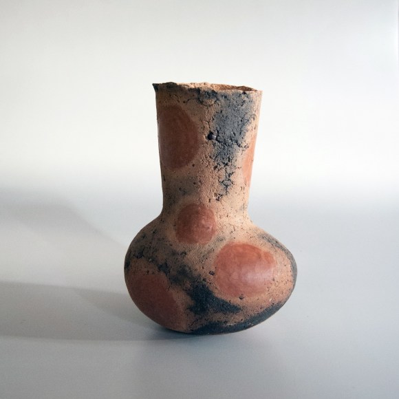 Stoneware vessel with bulbous base, inlayed red circle patterning and silver, 1975