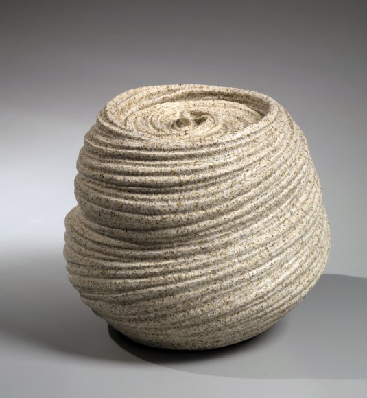 Rounded water jar with diagonally incised cascading folds and lid with curled knob, 2018