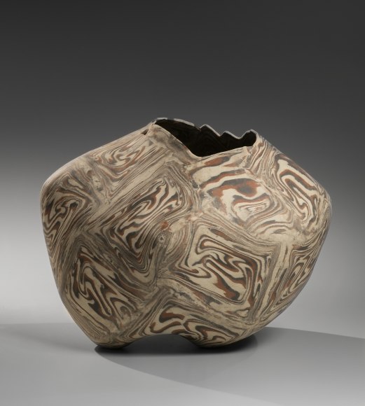 Rounded bulbous neriage (marbleized) vessel with irregular jagged mouth, 2021