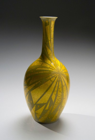 Tall vase with bulbous bottom, long neck, and applied gold foil in a radiating linear pattern, ca. 1980