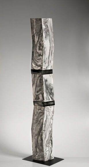 Standing marbleized form with p&acirc;te-de-verre cast clear and black glass and &ldquo;silver mist&rdquo; glazing&nbsp;, 2021