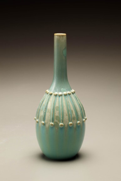 Kusube Yaichi Stoneware &quot;Crane&#039;s Neck&quot; flower vase with applied decorative clay banding, covered with Chinese Jun ware glaze.