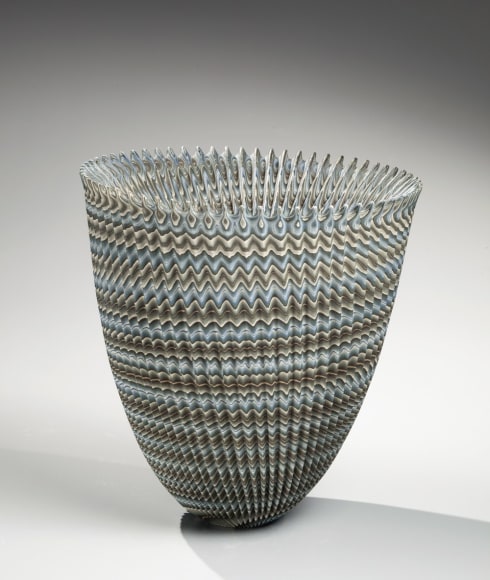 Conical, concave-mouthed neriage (marbleized) vessel with pleated surface &nbsp;, 2014