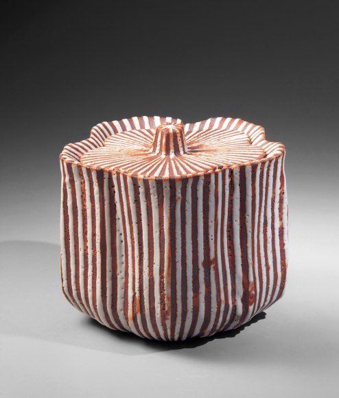 Suzuki Osamu, Japanese ceramic water jar, Japanese ceramic mizusashi, Japanese shino-glazed water jar, 1988