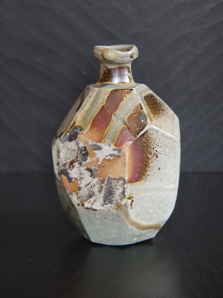 Faceted Tanba tokkuri (sake flask) with light glaze and dripping green ash glaze, 2011