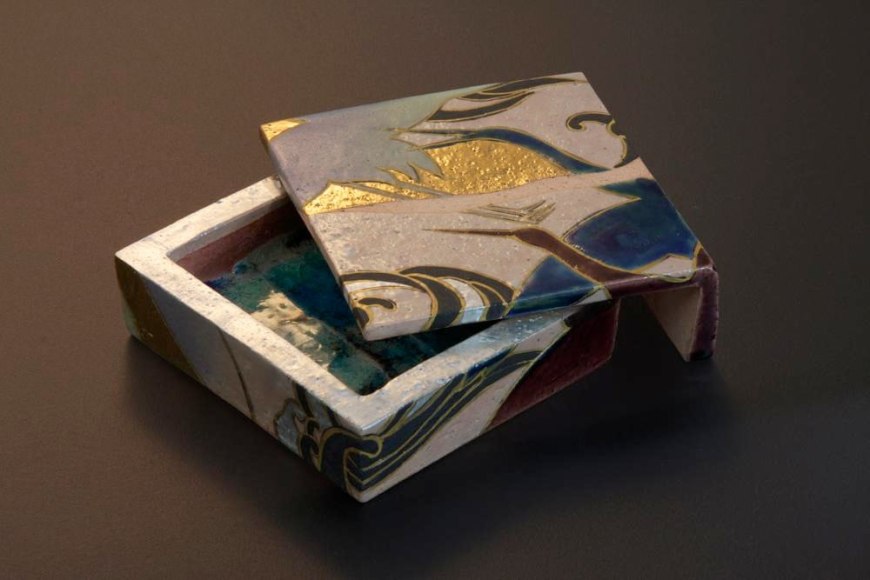 Small square covered small box with design of cranes, titled Fuku-bako or Lucky Box, 2012