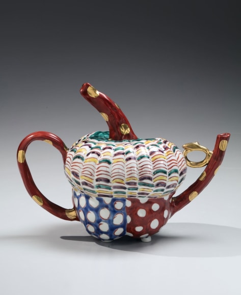 Polychrome under and overglazed iroe handled and covered water receptacle in the shape of a pumpkin&nbsp;, ca. 2003