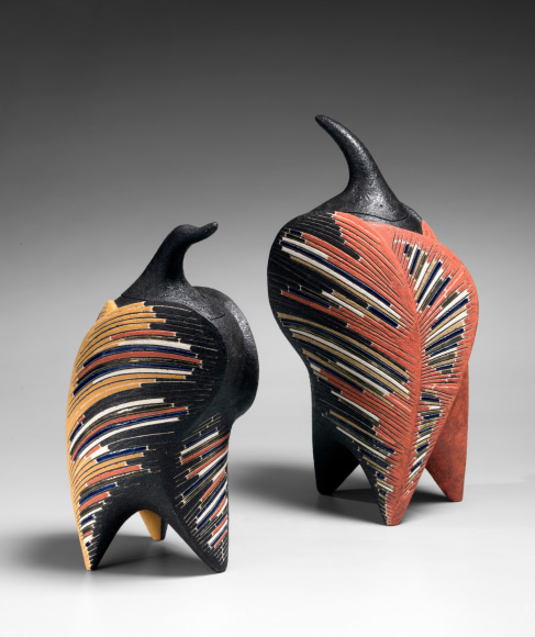 Pair of biomorphic&nbsp; standing, covered sculptural vessels, 2019