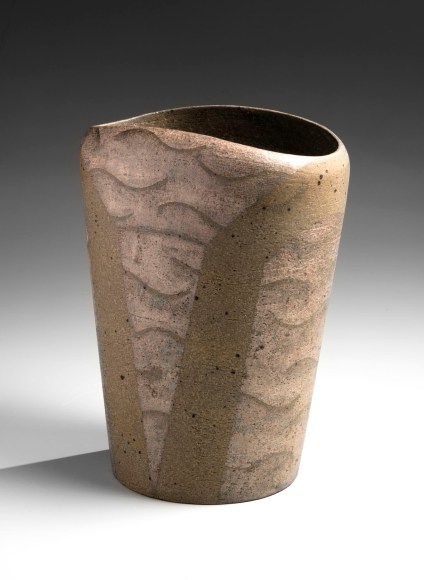 Conical and rounded vase decorated with abstract patterning in silver and dusty green glaze and dots in black glaze, 1982