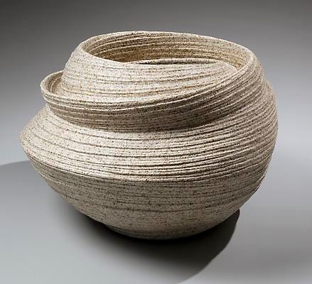 Round swirling double-walled vessel with diagonally incised cascading folds, 2013