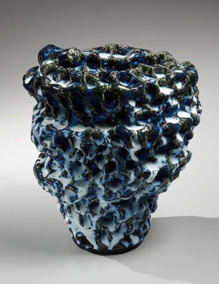 Hoshino Satoru, blue and white-glazed pinched vase, 2014, glazed stoneware, copper-blue and white-glazed, Japanese ceramics, Japanese pottery, Japanese vase, Japanese sculpture, Japanese contemporary ceramics