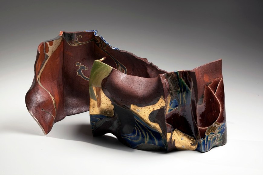 Pair of undulating screen-like forms with abstract decoration of a rushing stream, 2014