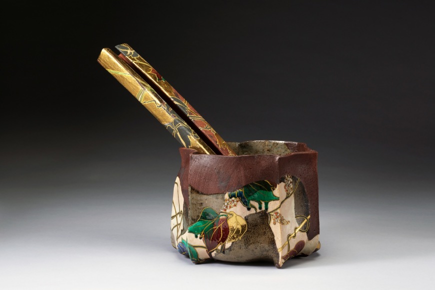 Vessel with summer and fall floral design and separate ladle-rest, 2016