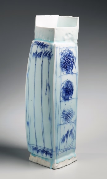 Yoshikawa, Masamichi, Yoshikawa Masamichi, hand-built,  sculpture, bluish-white, seihakuji, glaze, 2012, porcelain, contemporary, ceramics, clay, Japanese, Japanese ceramics, Japan, pottery, tall, rectangular, vase, sometsuke, abstract, design