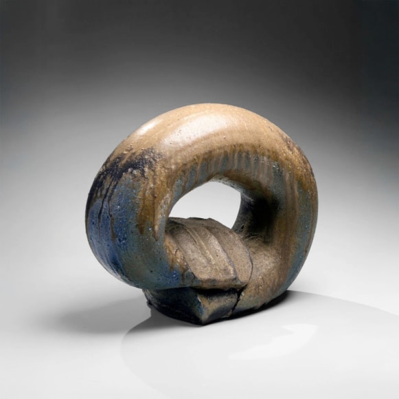 Anagama-fired ring-form sculpture with extensive kiln effects