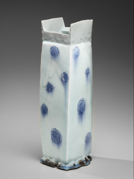 Tall rectangular vessel with dotted&nbsp;sometsuke design beneath seihakuji glaze, 2021