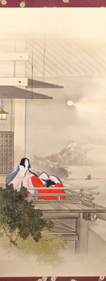 WATANABE SEITEI Murasaki Shikibu standing on a veranda, viewing the moon