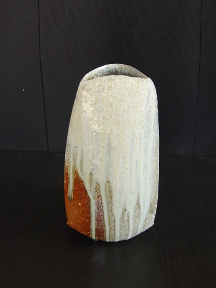 Tilting Tanba vase with moon-shaped opening and natural dripping  ash glaze; 2011