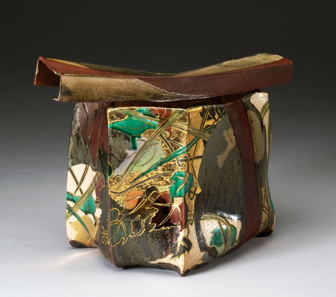 Vessel with summer and fall floral design and separate ladle-rest, 2016