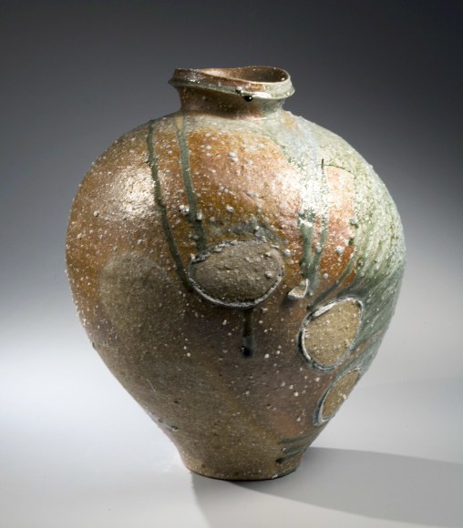 Large vessel with tapered base and natural ash glaze