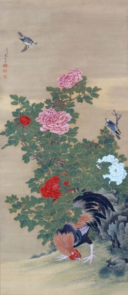 KISHI GANKU Rooster, peonies and pair of ashy minivets 