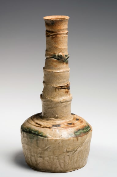 Highly unusual yellow Seto vase in the form of an attenuated furling block (kinuta)&nbsp;