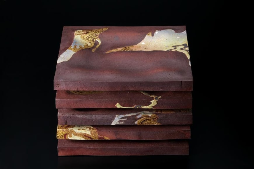 Set of five square plaques with polychrome wave design, 2010