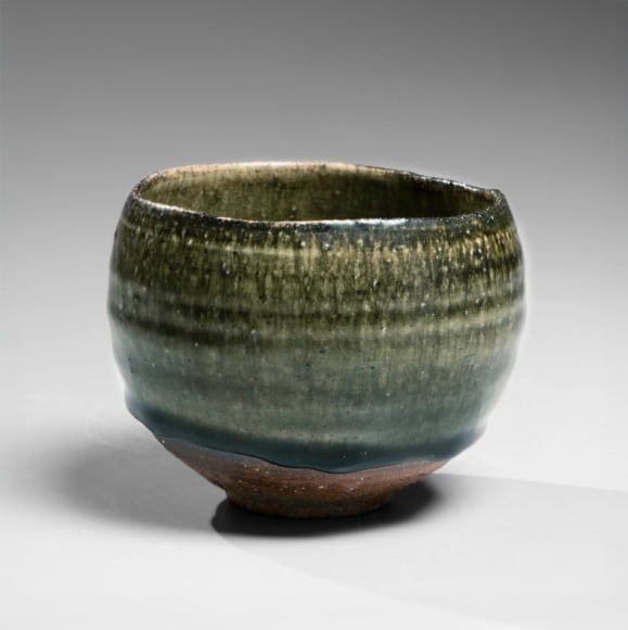 Rounded teabowl with pooling dark gray-green ash glaze