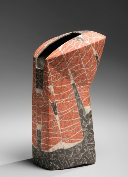 Kimono-inspired vessel with black, gray, red and white slip-glazing