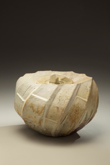 Oval covered Tanba water storage jar with ash glaze covering diagonal banding, 2011