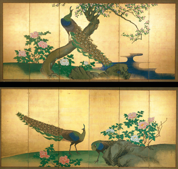 HARA ZAICHU Two peacocks and a peahen with peony bushes and a blossoming cherry tree