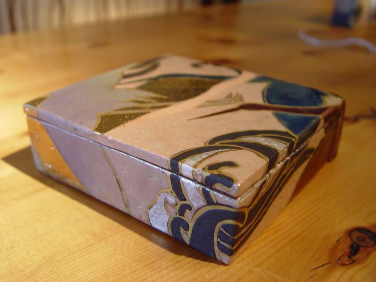 Small square covered small box with design of cranes, titled Fuku-bako or Lucky Box, 2012