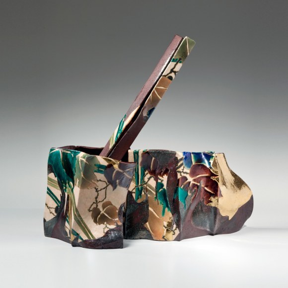 Nakamura, Takuo, Nakamura Takuo, vessel, sculpture, contemporary, art, Japan, ceramics, Japanese, pottery, rinpa, painting, ise, monogatari, glazed, panel, kutani, leaf, pattern, 2015, contemporary Japanese ceramics, stoneware