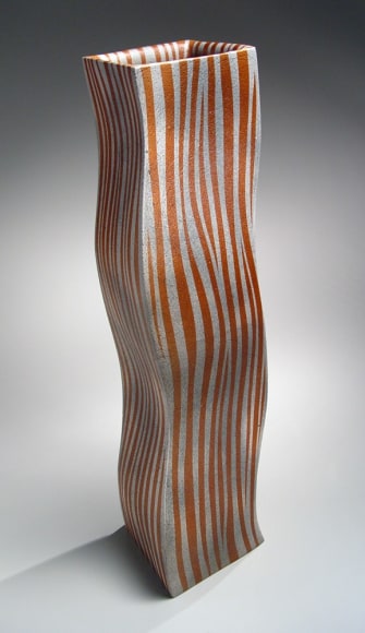 Ichino Masahiko (b. 1961), Large, undulating columnar vessel with red and orange striped patterning