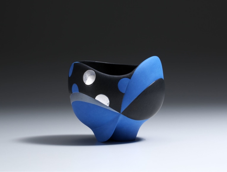 Carved teabowl with silver leaf polka dots and black interior&nbsp;, 2017