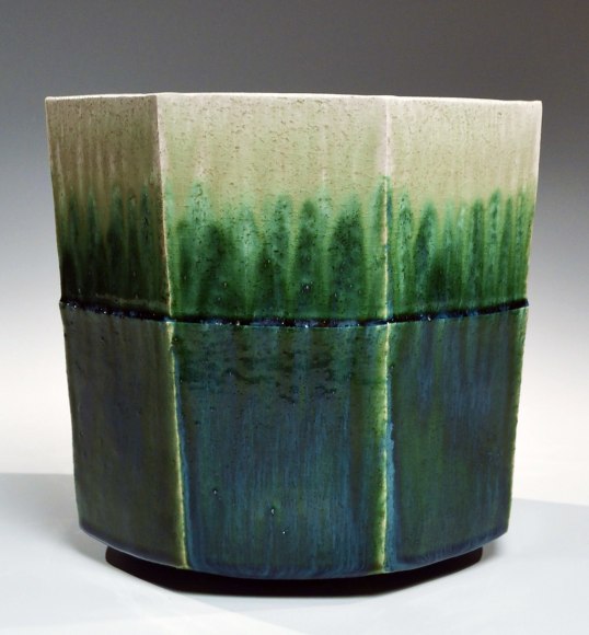Dripping, graduated green-glazed standing hexagonal vessel, 2019
