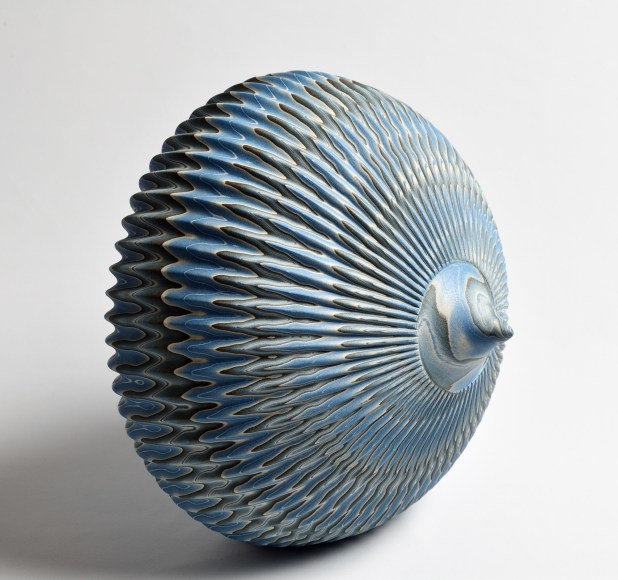 Ogata Kamio (b. 1949), Neriage (marbleized) top-like sculpture with&nbsp;carved, ridged surface&nbsp;titled &ldquo;Lunar Landing&rdquo;